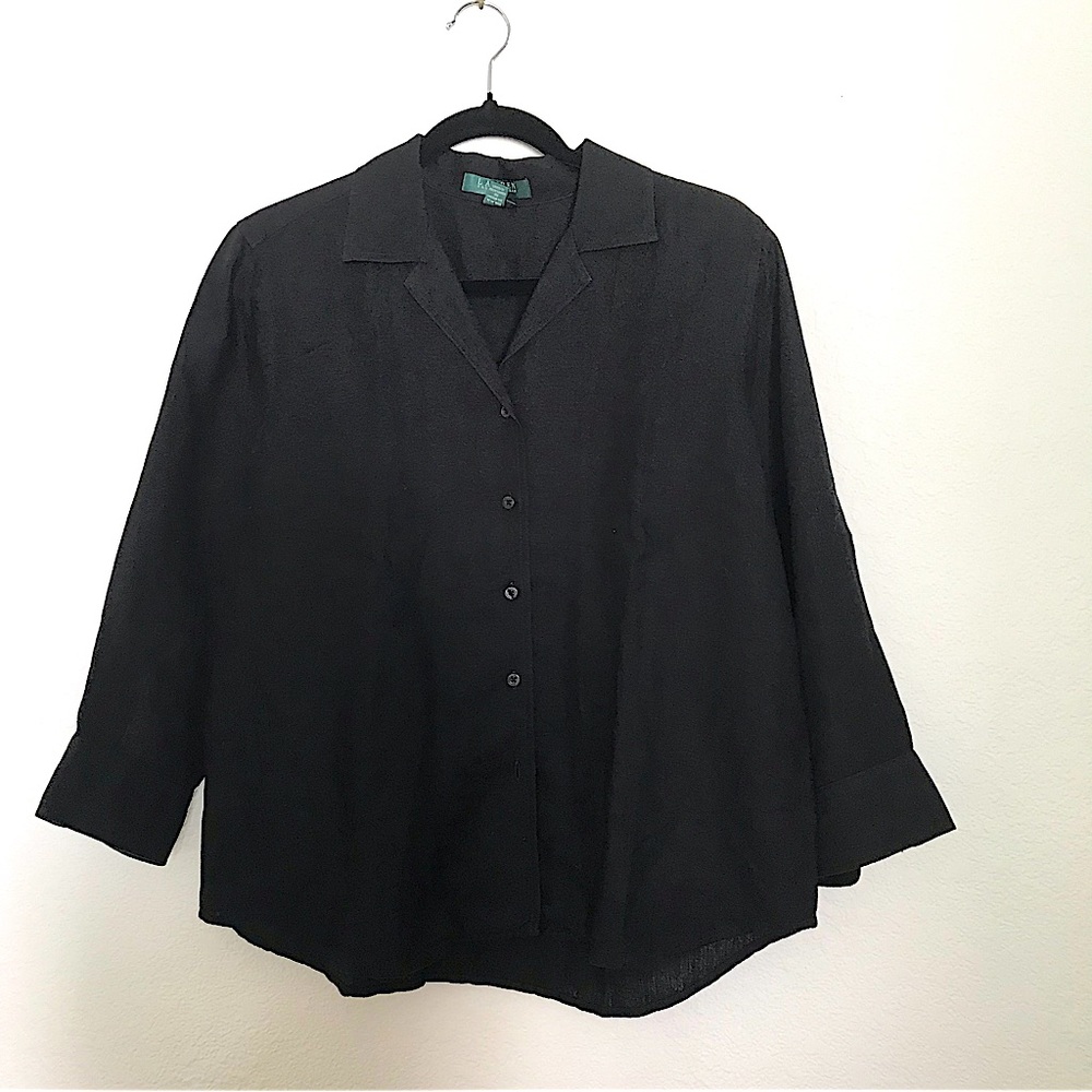 Classic Ralph Lauren Green Label Linen Black Button Down Top Size P/L